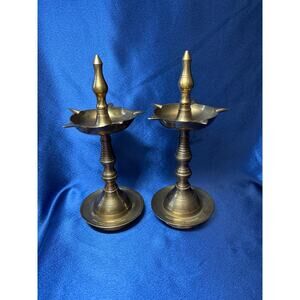 Vintage Pair of Hindu Temple Brass Oil Lamp